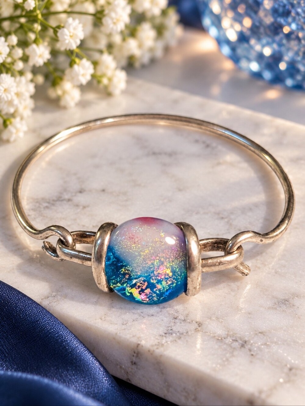 Iridescent Blue Art Glass Silver-Tone Cuff Bracelet